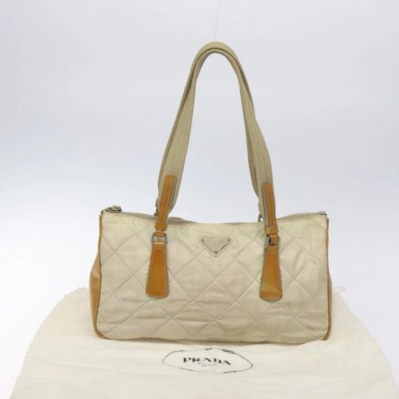 PRADA Quilted Hand Bag Nylon Beige Silver Auth - Picture 2 of 16